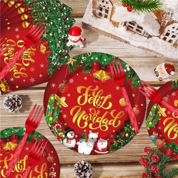 96PCS Feliz Navidad Christmas Tableware Set Disposable Plates, Cups & Napkins - Picture 6 of 8